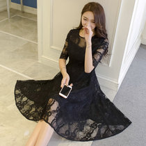 亲衣倾诚 2017韩版新款大摆修身显瘦蕾丝圆领中袖中长款连衣裙 M8060(黑色 XL)