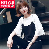 韩都衣舍2017韩版女装夏装新款纯色宽松显领两件套T恤GY6359(黑色 L)