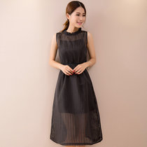 Mistletoe夏装显瘦欧根纱两件套无袖连衣裙韩版女装时尚气质长裙F6517(黑色 L)