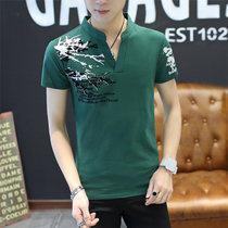 左岸男装 夏季新款立领男短袖T恤韩版修身青少年个性印花半袖打底衫潮(墨绿色 XXXL)