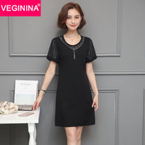 VEGININA 韩版短袖针织拼接连衣裙女 9676(黑色 5XL)