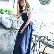 Mistletoe新款时尚背带长款裙子韩版女装夏雪纺连衣裙F6848(深蓝色 XL)